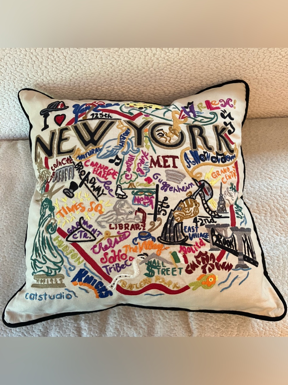 Catstudio New York Throw Pillow Hand Decorative 20”x20” Hand Embroidered